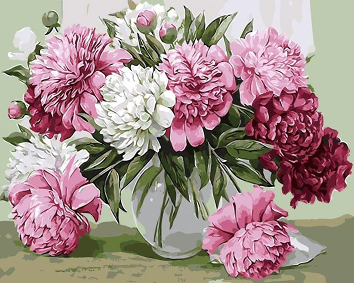 Pictura pe numere - Bujori roz in vaza